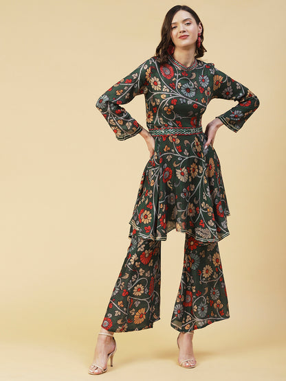 Ethnic Floral Printed & Embroidered A-Line Kurta with Palazzo - Green