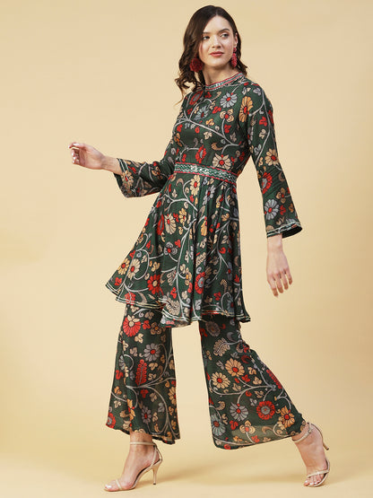 Ethnic Floral Printed & Embroidered A-Line Kurta with Palazzo - Green