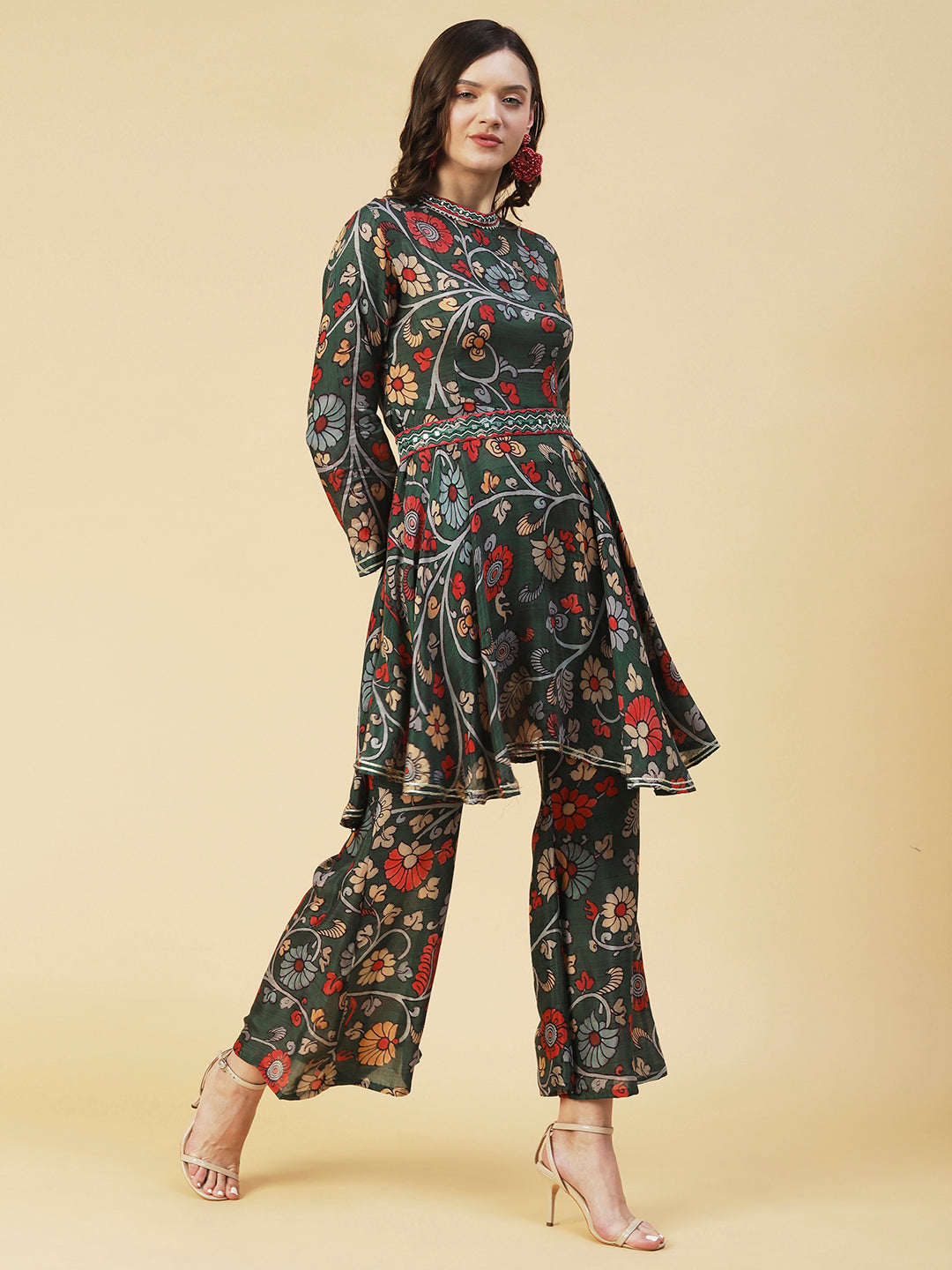 Ethnic Floral Printed & Embroidered A-Line Kurta with Palazzo - Green