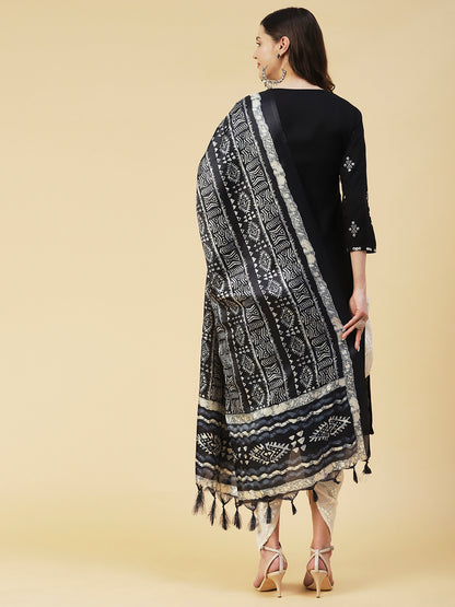 Ethnic Embroidered Straight Kurta with Ethnic Printed Dupatta - Black