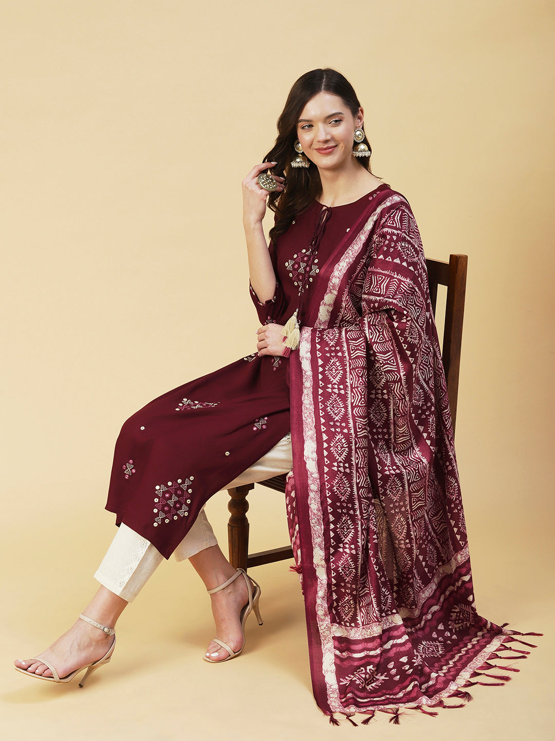 Ethnic Embroidered Straight Kurta with Ethnic Printed Dupatta - Brown