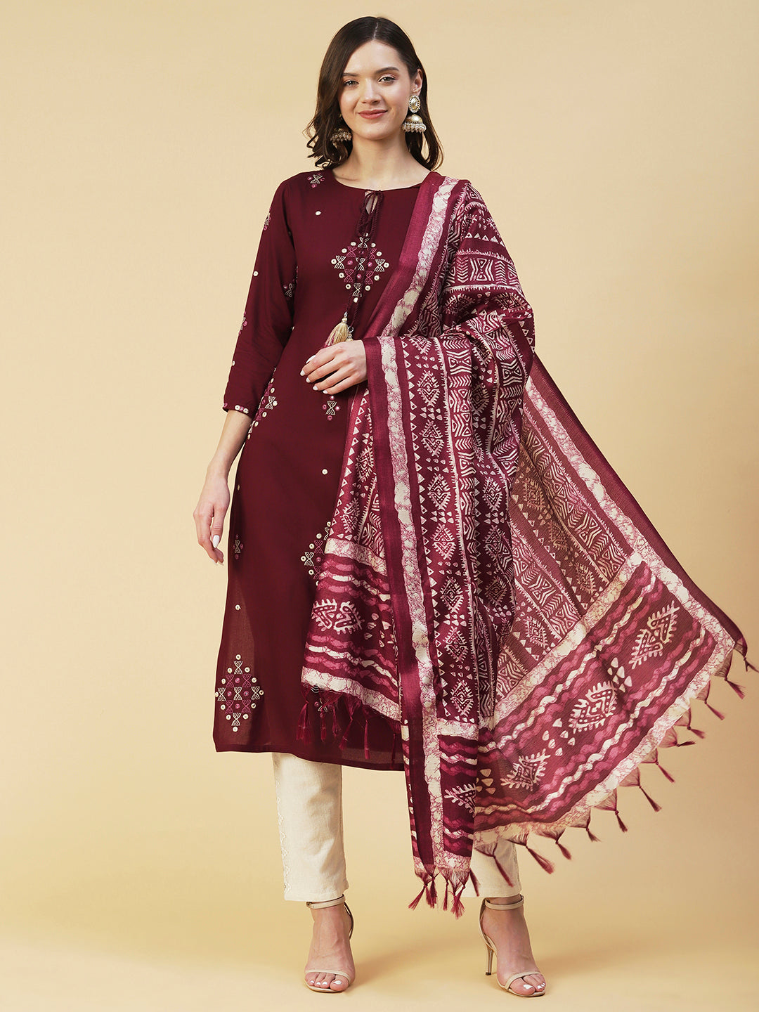 Ethnic Embroidered Straight Kurta with Ethnic Printed Dupatta - Brown