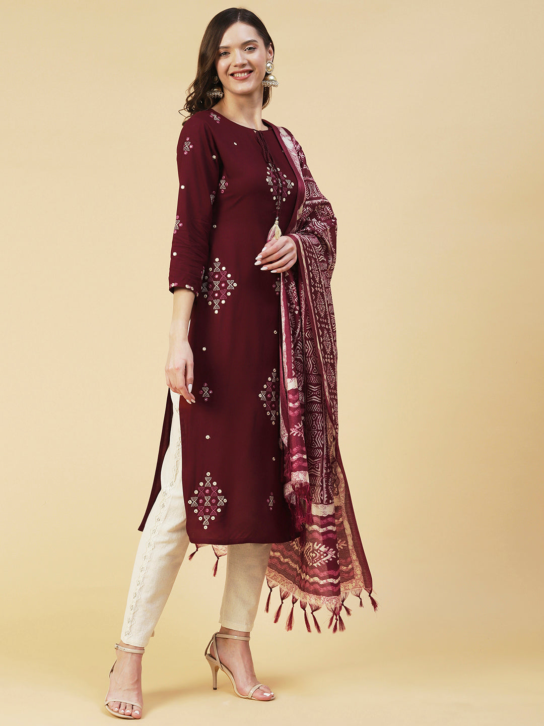 Ethnic Embroidered Straight Kurta with Ethnic Printed Dupatta - Brown