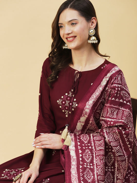 Ethnic Embroidered Straight Kurta with Ethnic Printed Dupatta - Brown