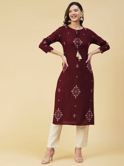 Ethnic Embroidered Straight Kurta with Ethnic Printed Dupatta - Brown