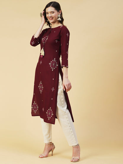 Ethnic Embroidered Straight Kurta with Ethnic Printed Dupatta - Brown