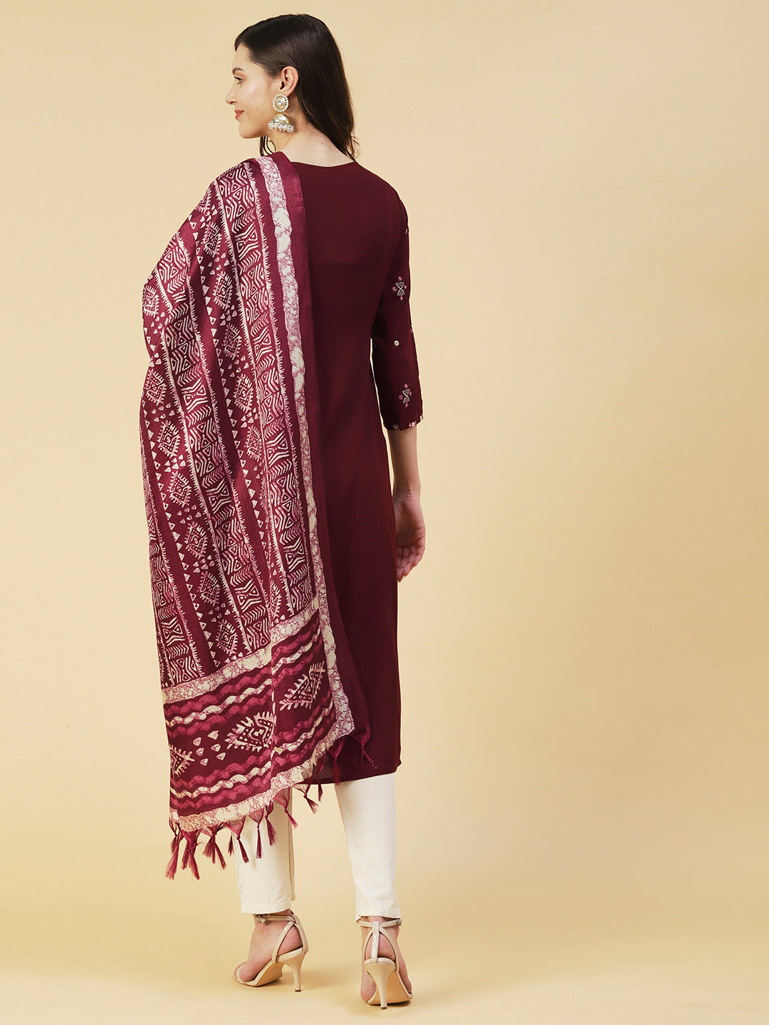 Ethnic Embroidered Straight Kurta with Ethnic Printed Dupatta - Brown