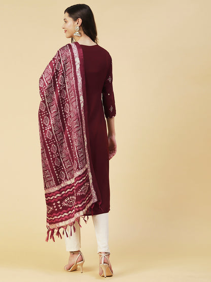 Ethnic Embroidered Straight Kurta with Ethnic Printed Dupatta - Brown