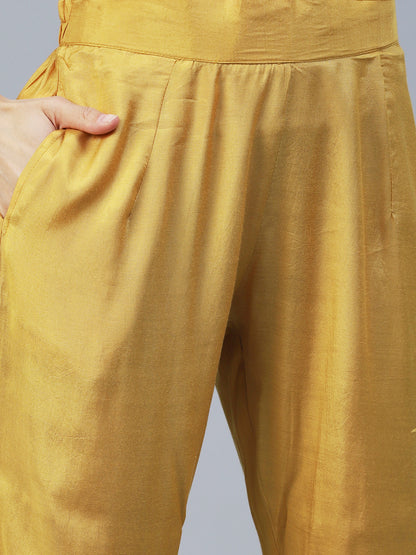 Ethnic Printed Mirror Embroidered Kurta With Pants & Dupatta - Mustard