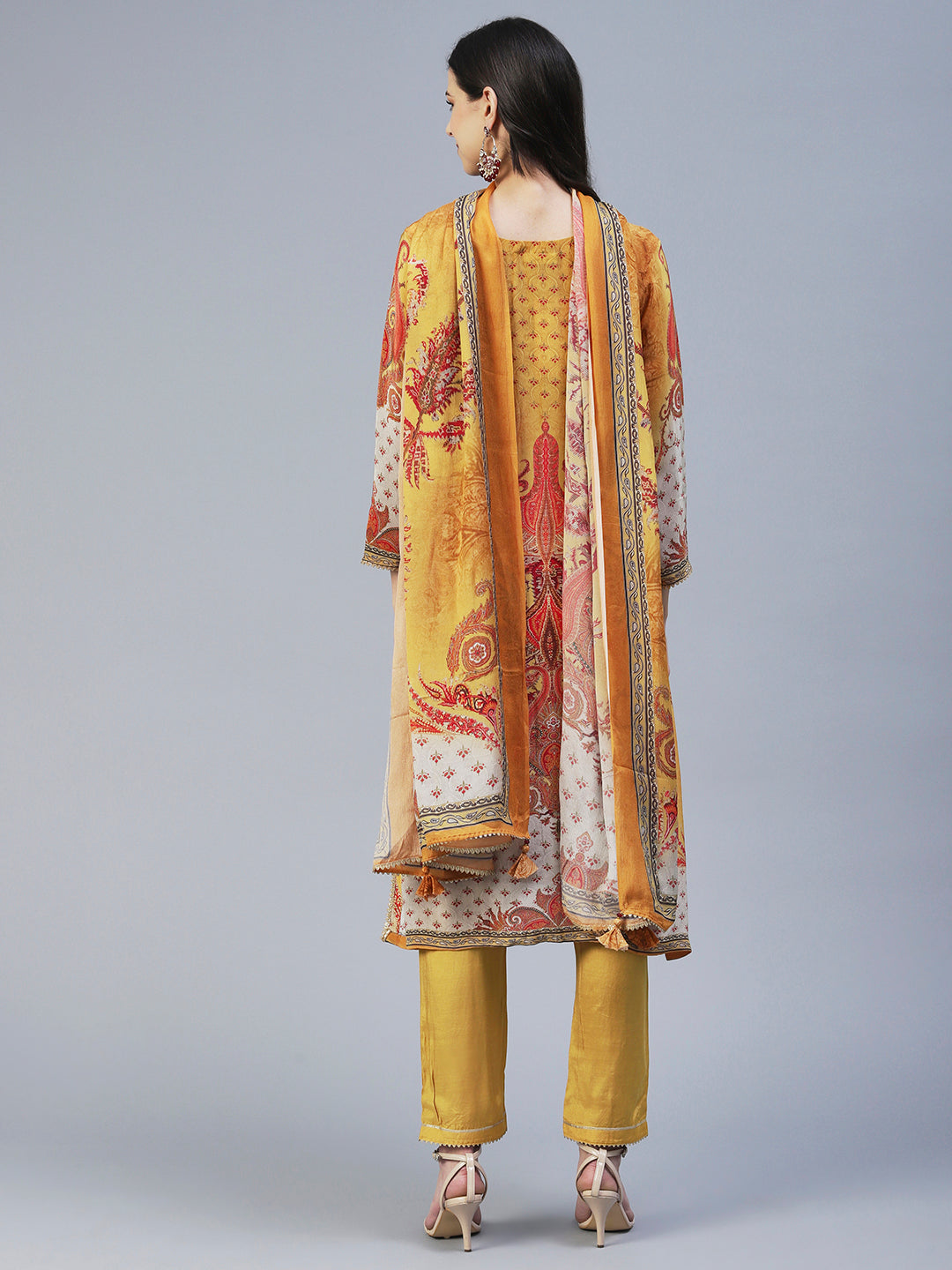 Ethnic Printed Mirror Embroidered Kurta With Pants & Dupatta - Mustard