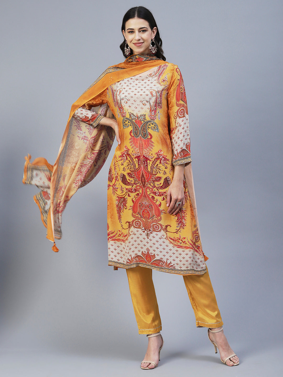 Ethnic Printed Mirror Embroidered Kurta With Pants & Dupatta - Mustard