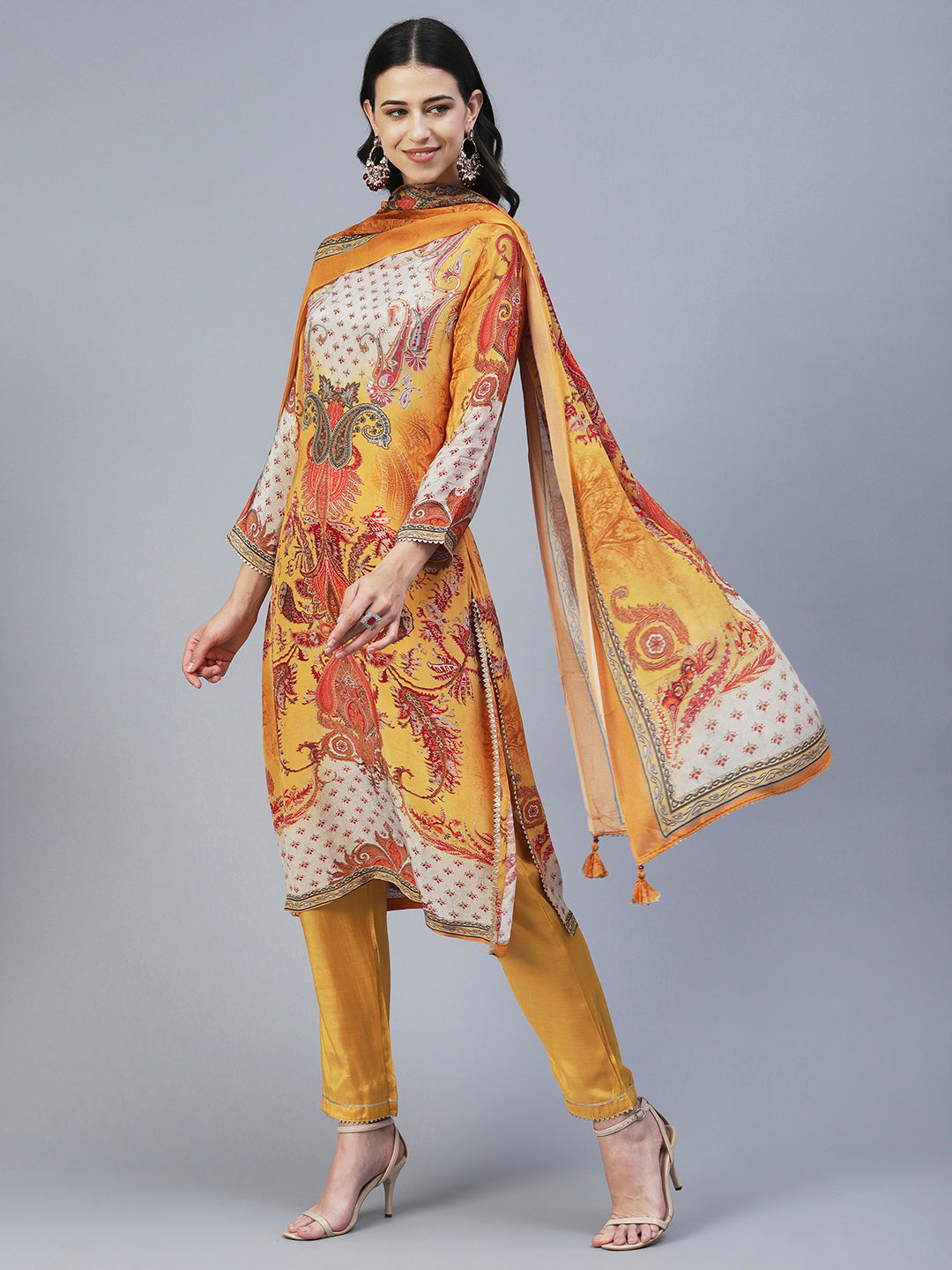 Ethnic Printed Mirror Embroidered Kurta With Pants & Dupatta - Mustard