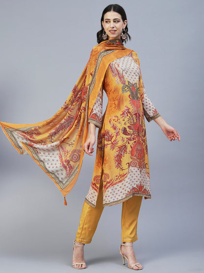 Ethnic Printed Mirror Embroidered Kurta With Pants & Dupatta - Mustard