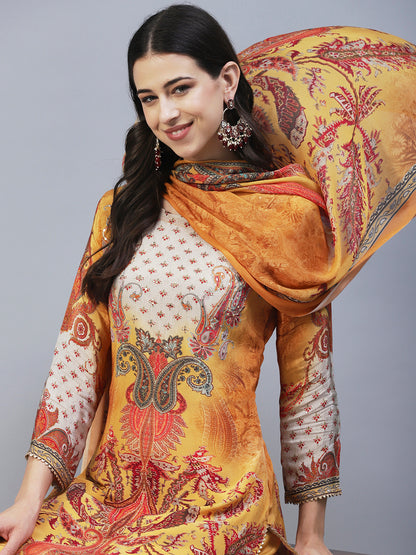 Ethnic Printed Mirror Embroidered Kurta With Pants & Dupatta - Mustard