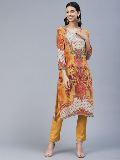 Ethnic Printed Mirror Embroidered Kurta With Pants & Dupatta - Mustard