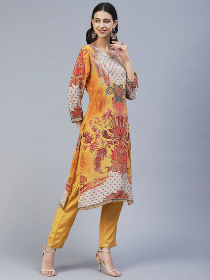 Ethnic Printed Mirror Embroidered Kurta With Pants & Dupatta - Mustard