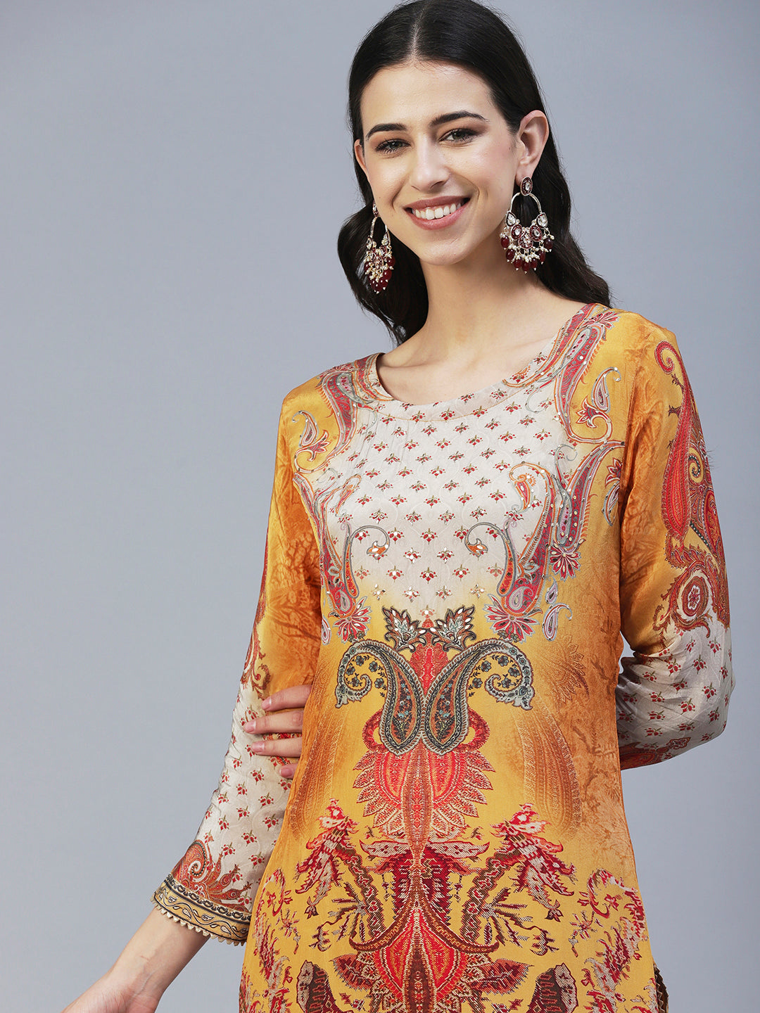 Ethnic Printed Mirror Embroidered Kurta With Pants & Dupatta - Mustard