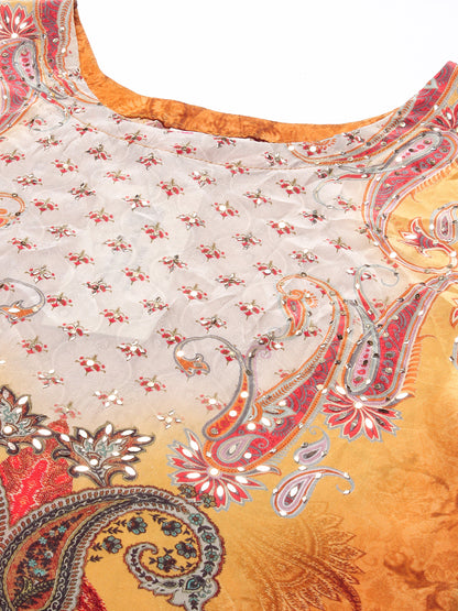 Ethnic Printed Mirror Embroidered Kurta With Pants & Dupatta - Mustard
