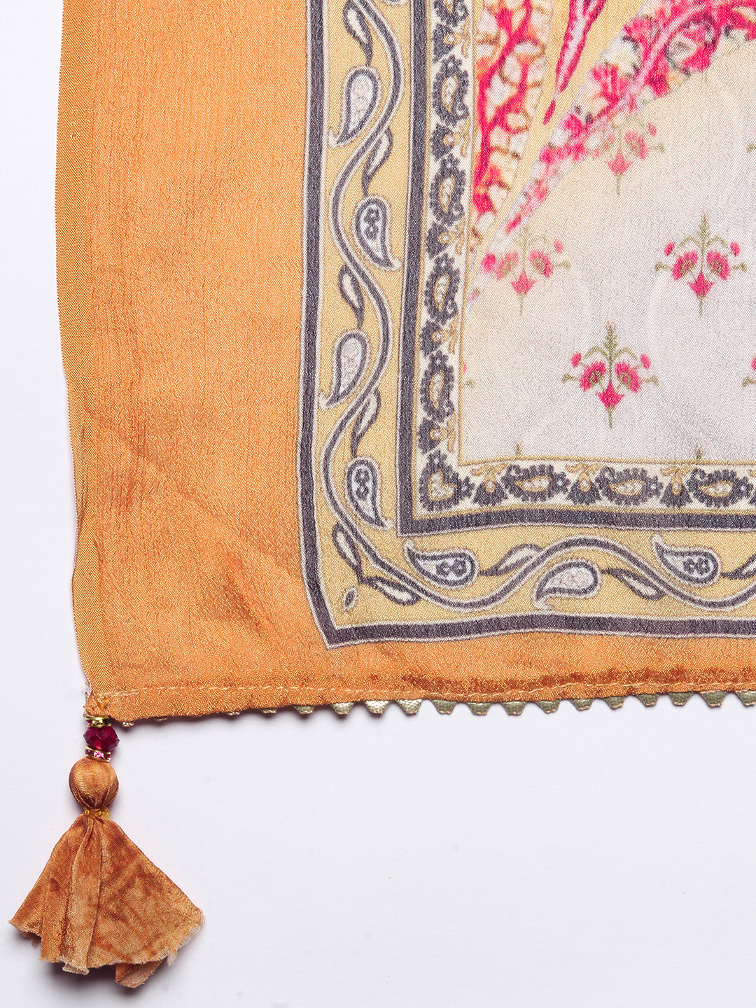 Ethnic Printed Mirror Embroidered Kurta With Pants & Dupatta - Mustard