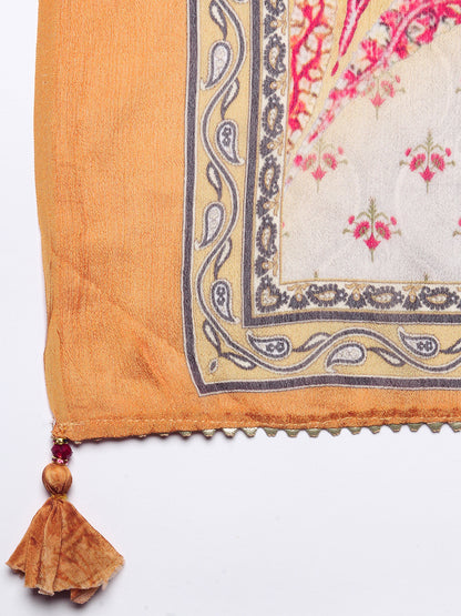 Ethnic Printed Mirror Embroidered Kurta With Pants & Dupatta - Mustard