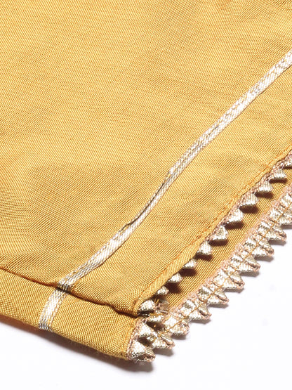 Ethnic Printed Mirror Embroidered Kurta With Pants & Dupatta - Mustard