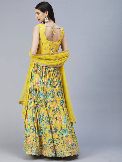 Floral Printed Hand Embroidered Gown With Churidar & Embroidered Dupatta - Yellow