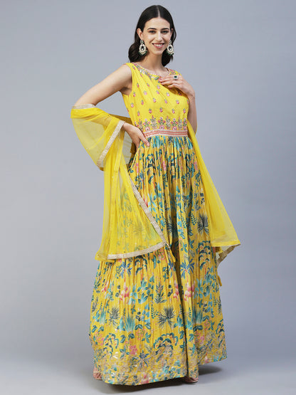 Floral Printed Hand Embroidered Gown With Churidar & Embroidered Dupatta - Yellow