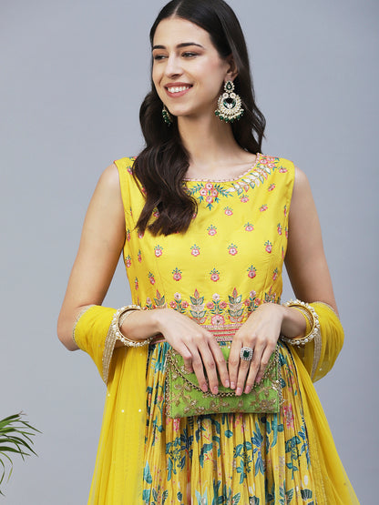 Floral Printed Hand Embroidered Gown With Churidar & Embroidered Dupatta - Yellow