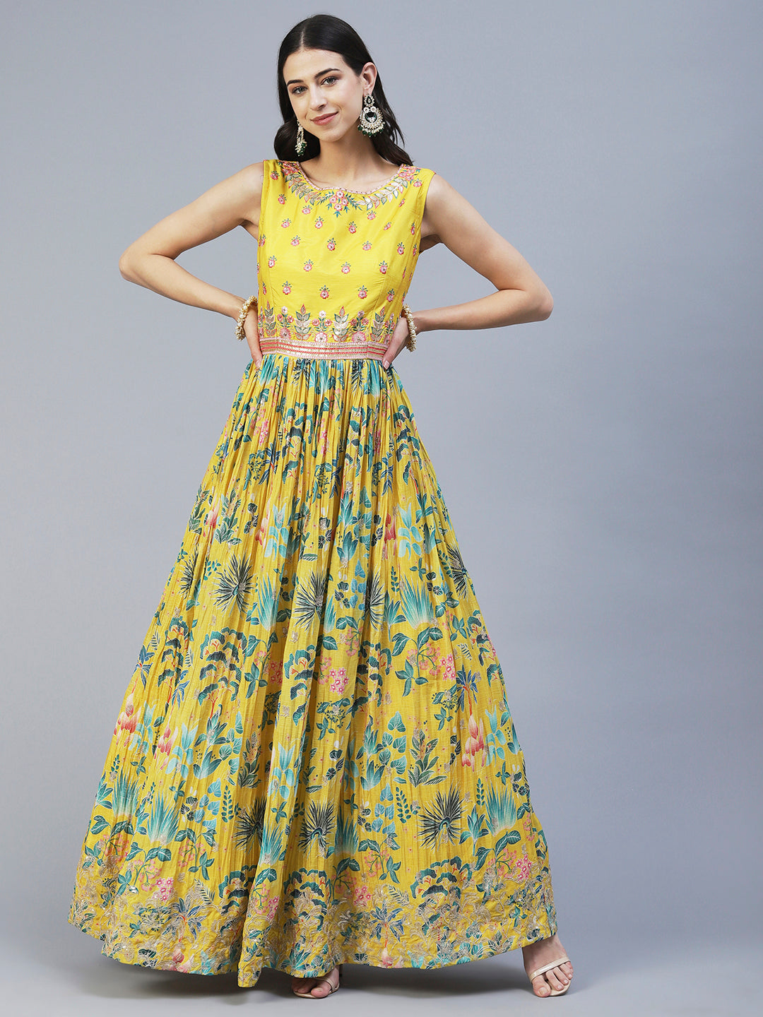 Floral Printed Hand Embroidered Gown With Churidar & Embroidered Dupatta - Yellow