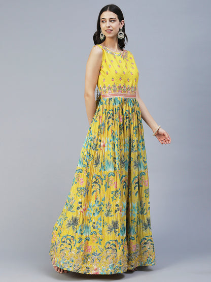 Floral Printed Hand Embroidered Gown With Churidar & Embroidered Dupatta - Yellow