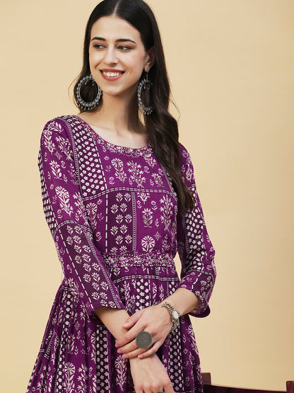 Ethnic Floral Printed & Hand Embroidered Fit & Flare Maxi Dress - Purple