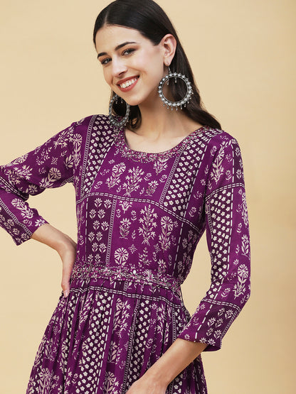 Ethnic Floral Printed & Hand Embroidered Fit & Flare Maxi Dress - Purple