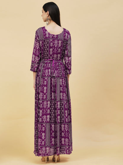 Ethnic Floral Printed & Hand Embroidered Fit & Flare Maxi Dress - Purple