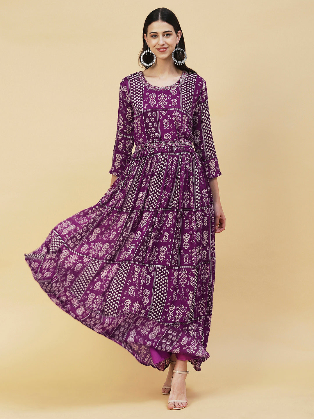 Ethnic Floral Printed & Hand Embroidered Fit & Flare Maxi Dress - Purp   FASHOR