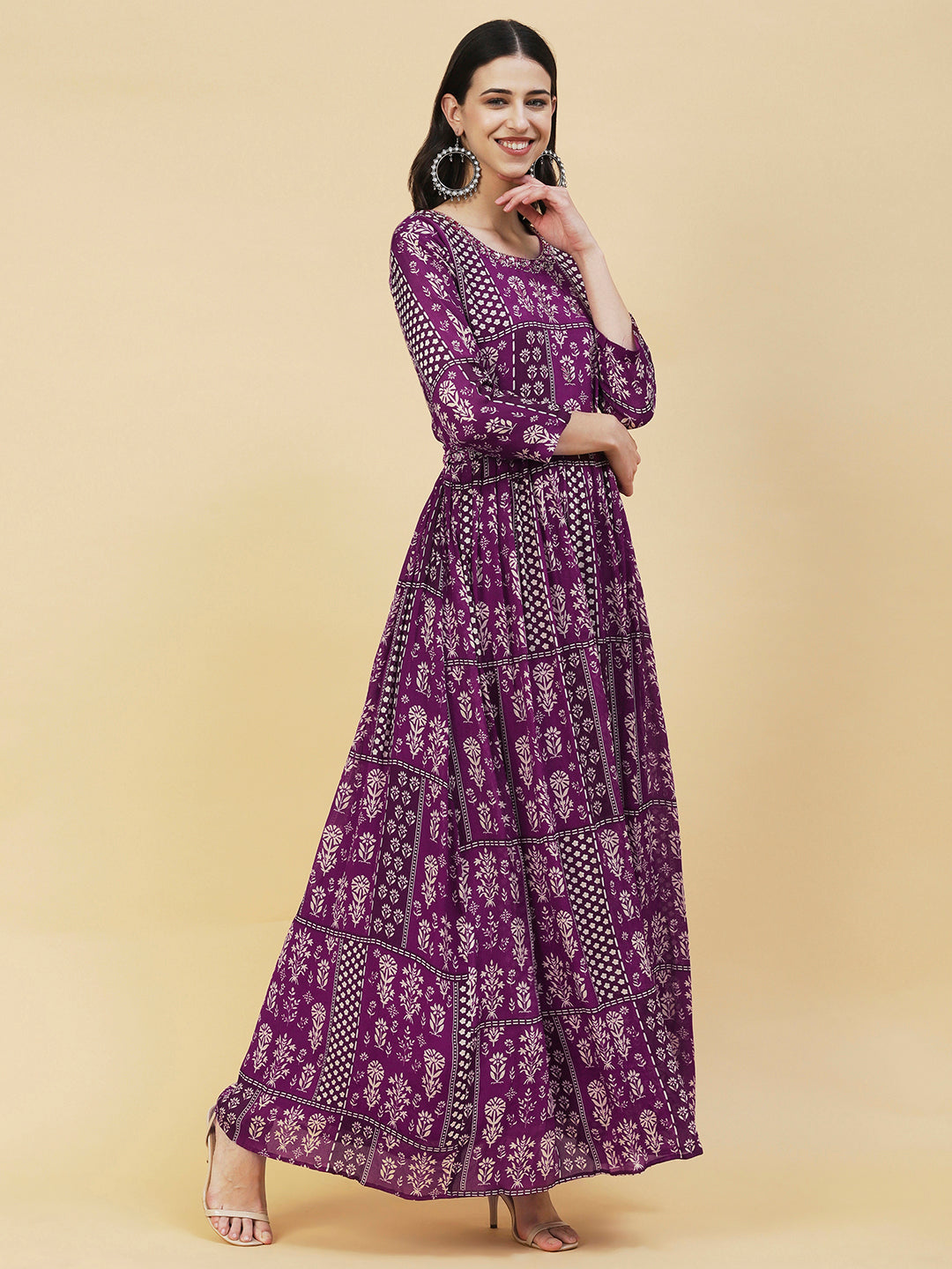 Ethnic Floral Printed & Hand Embroidered Fit & Flare Maxi Dress - Purple