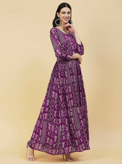 Ethnic Floral Printed & Hand Embroidered Fit & Flare Maxi Dress - Purple