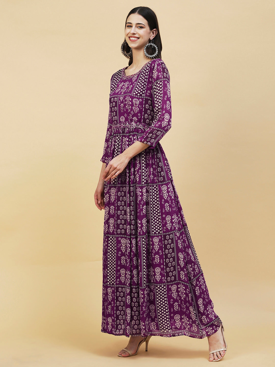 Ethnic Floral Printed & Hand Embroidered Fit & Flare Maxi Dress - Purple