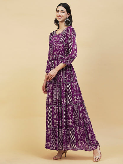 Ethnic Floral Printed & Hand Embroidered Fit & Flare Maxi Dress - Purple