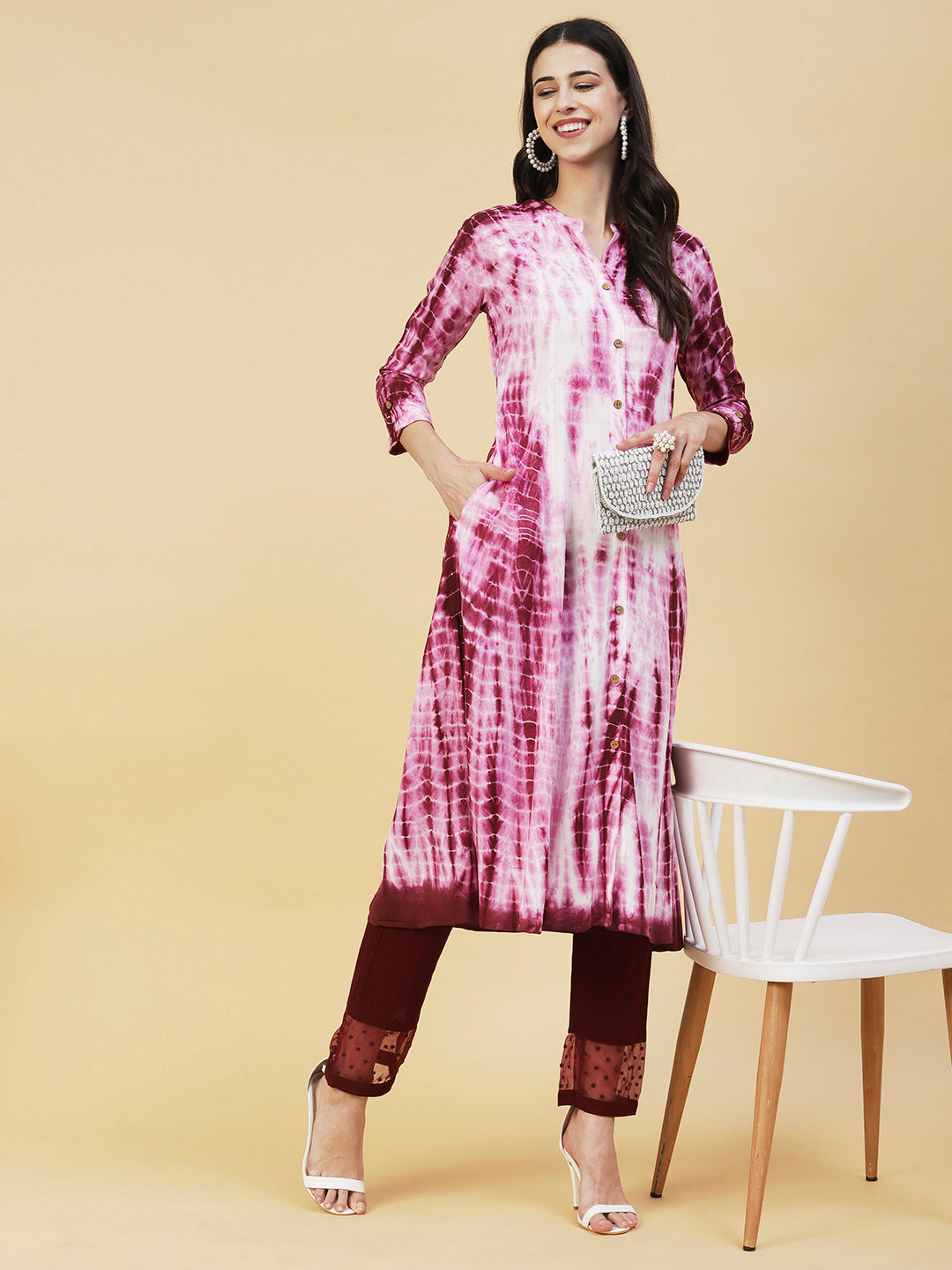 Tie - Dyed A-Line Flare Kurta - Pink
