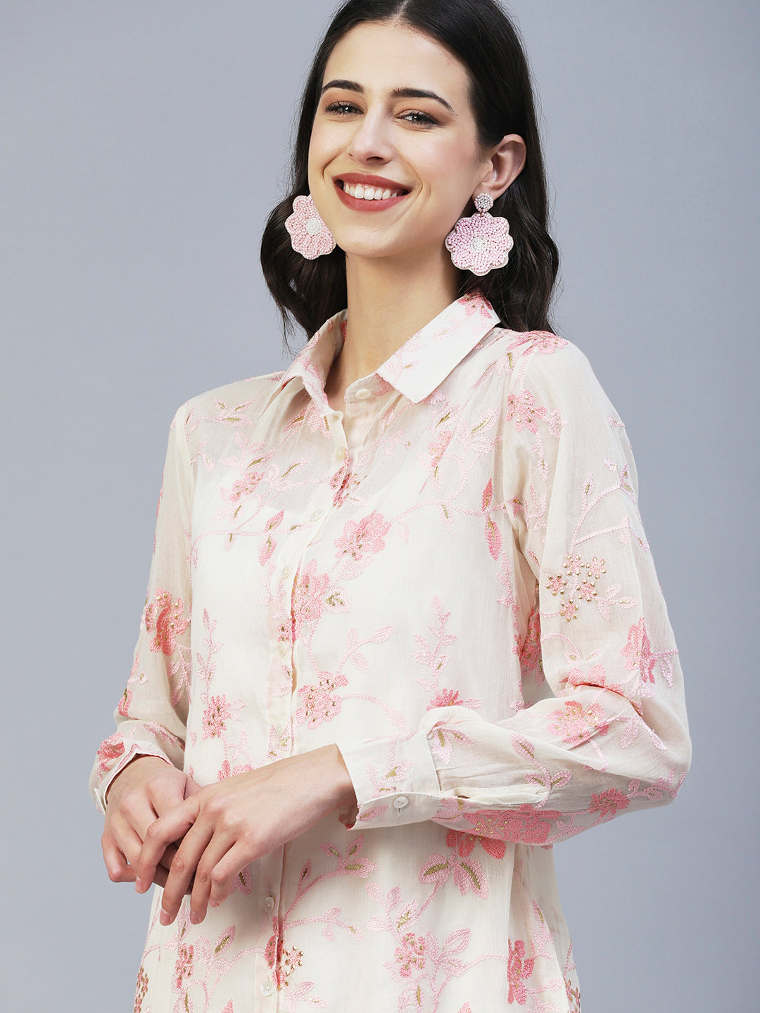 Floral Embroidered Straight Fit Shirt with Pant - Off White