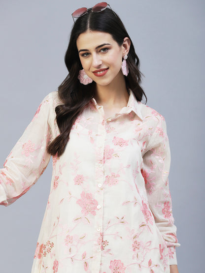 Floral Embroidered Straight Fit Shirt with Pant - Off White
