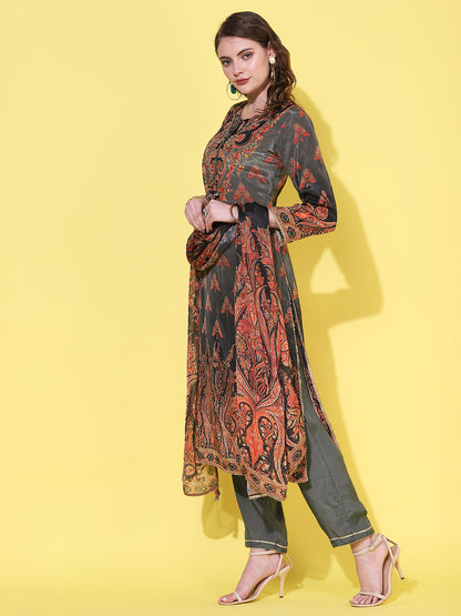 Ethnic Printed & Hand Embroidered Straight Kurta with Pant & Dupatta - Grey