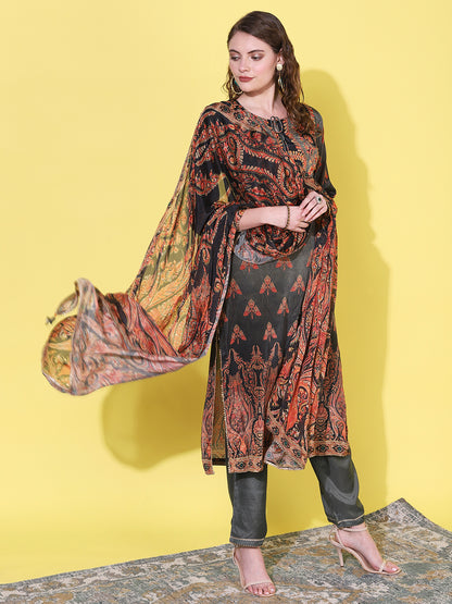 Ethnic Printed & Hand Embroidered Straight Kurta with Pant & Dupatta - Grey