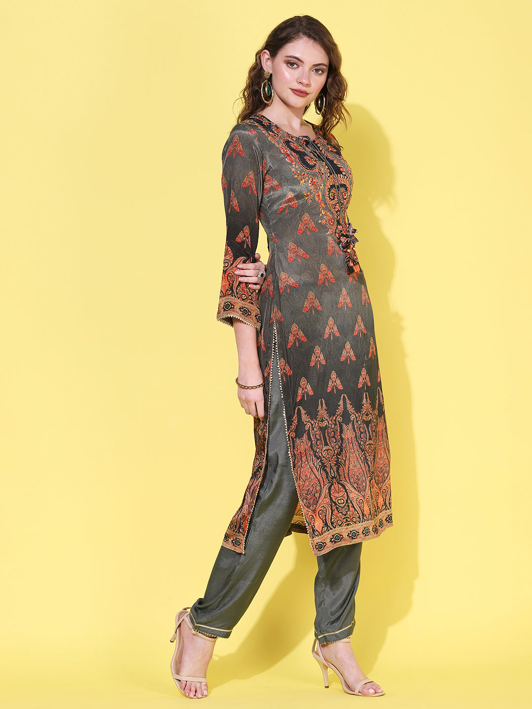 Ethnic Printed & Hand Embroidered Straight Kurta with Pant & Dupatta - Grey