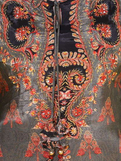 Ethnic Printed & Hand Embroidered Straight Kurta with Pant & Dupatta - Grey