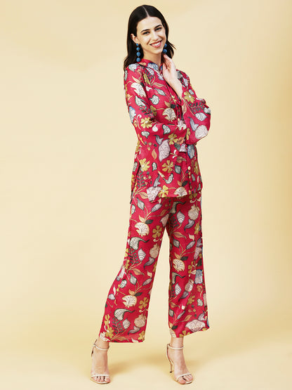 Floral Printed Straight Fit Co-ord Set - Red