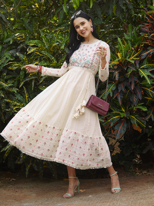 Floral Embroidered Anarkali Flared Maxi Dress - Off White