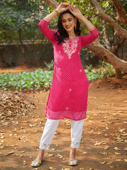Leheriya Printed & Embroidered Straight Fit Kurta - Rani Pink