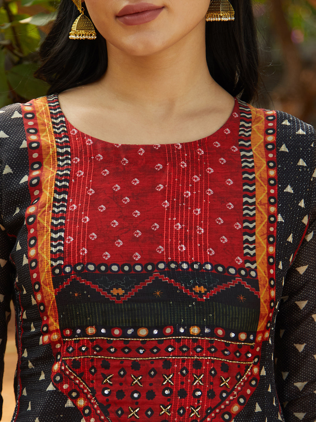 Ethnic Printed & Hand Embroidered Straight Fit Kurta – Black