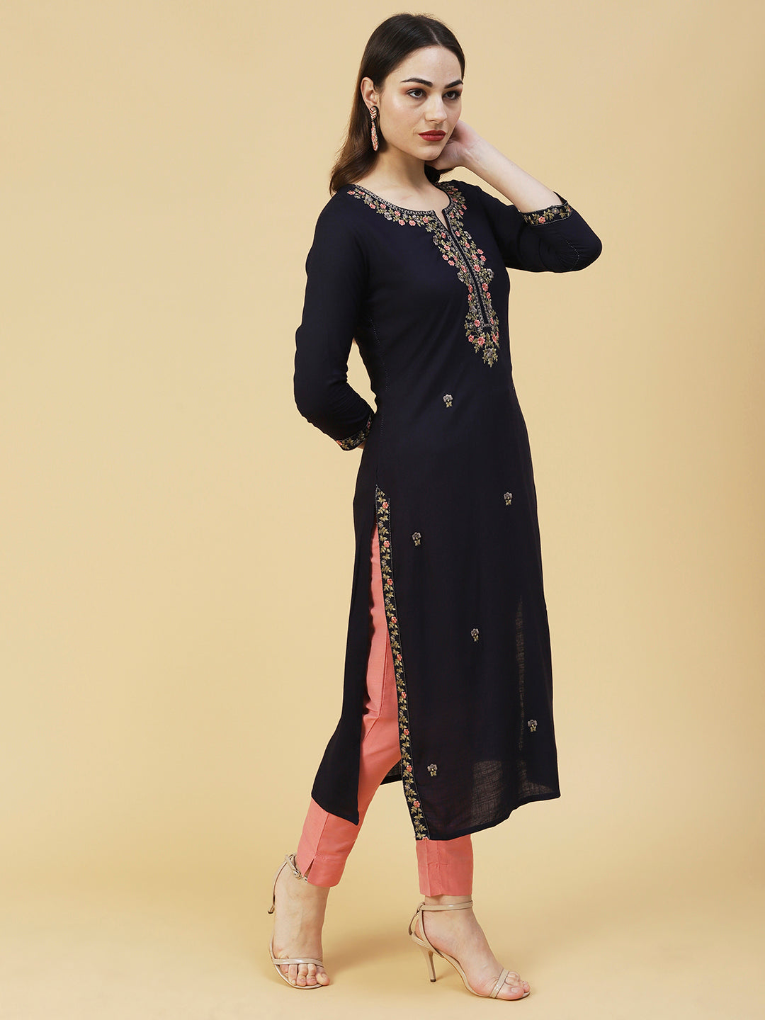 Solid Resham & Zari Embroidered Kurta - Navy Blue